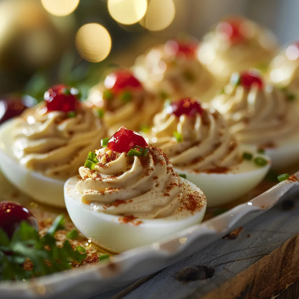 Close-up of beautifully arranged Thanksgiving Deviled Eggs garnished with chives and cranberry sauce.