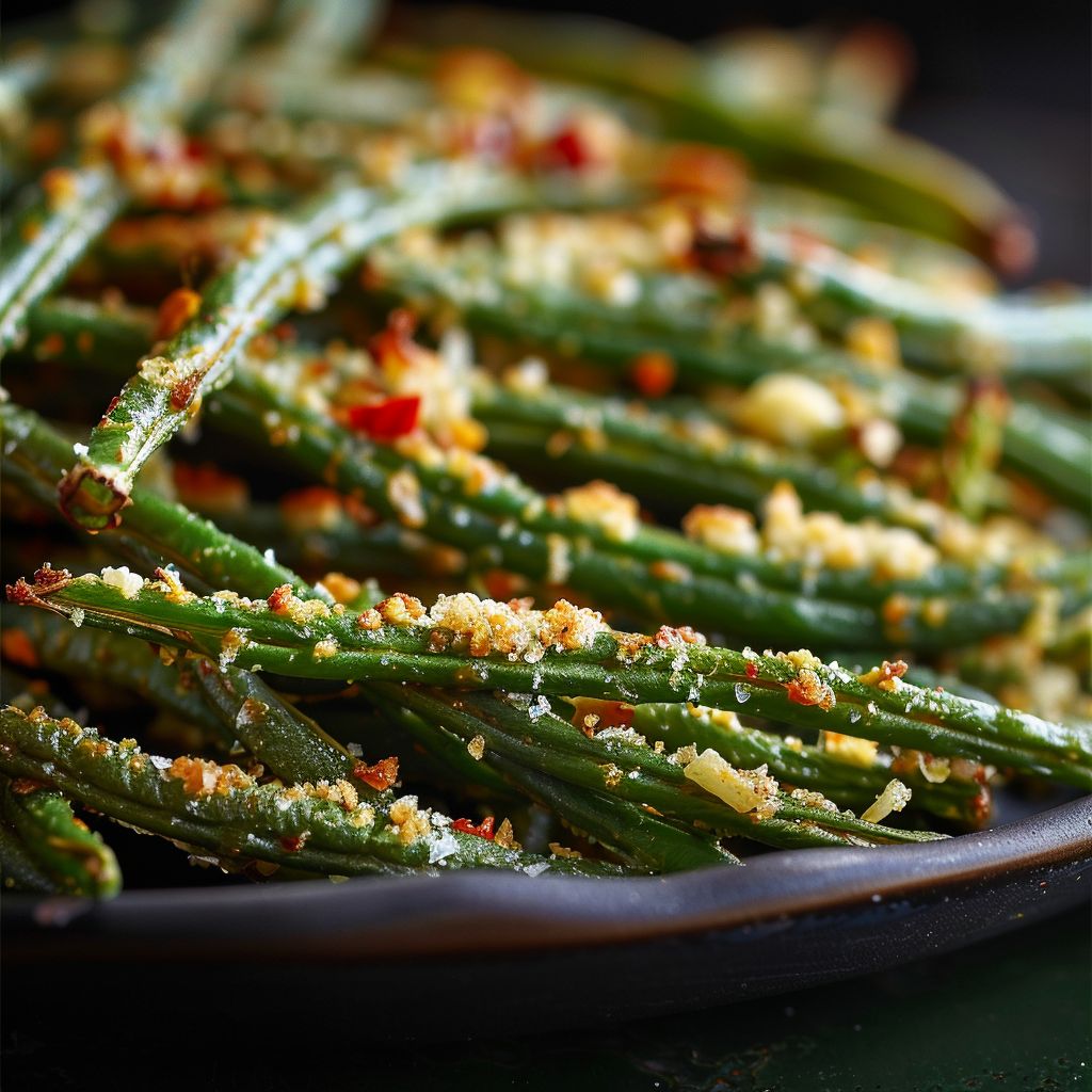 Close-up of crispy garlic parmesan roasted green beans on a plate, showcasing a golden-brown texture.