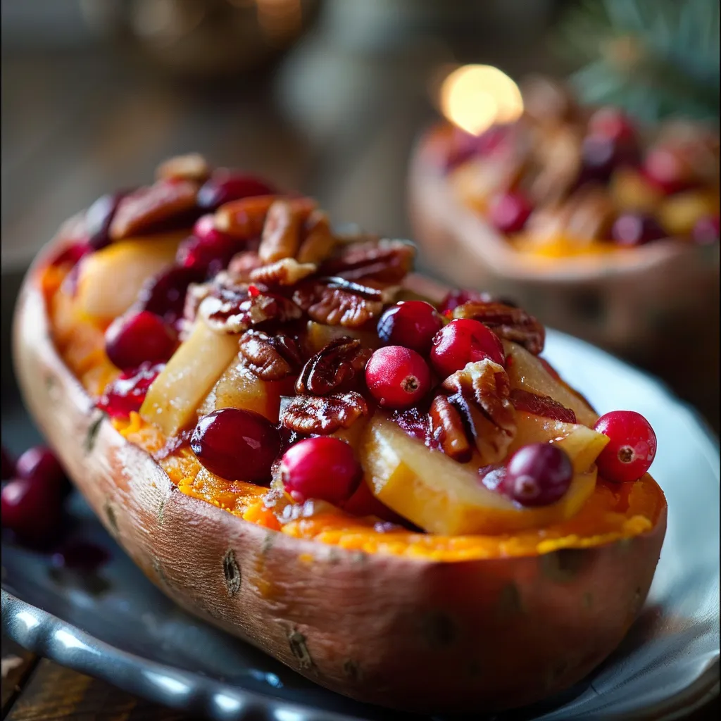 Close-up of beautifully styled cranberry apple twice-baked sweet potatoes topped with cranberries and nuts.