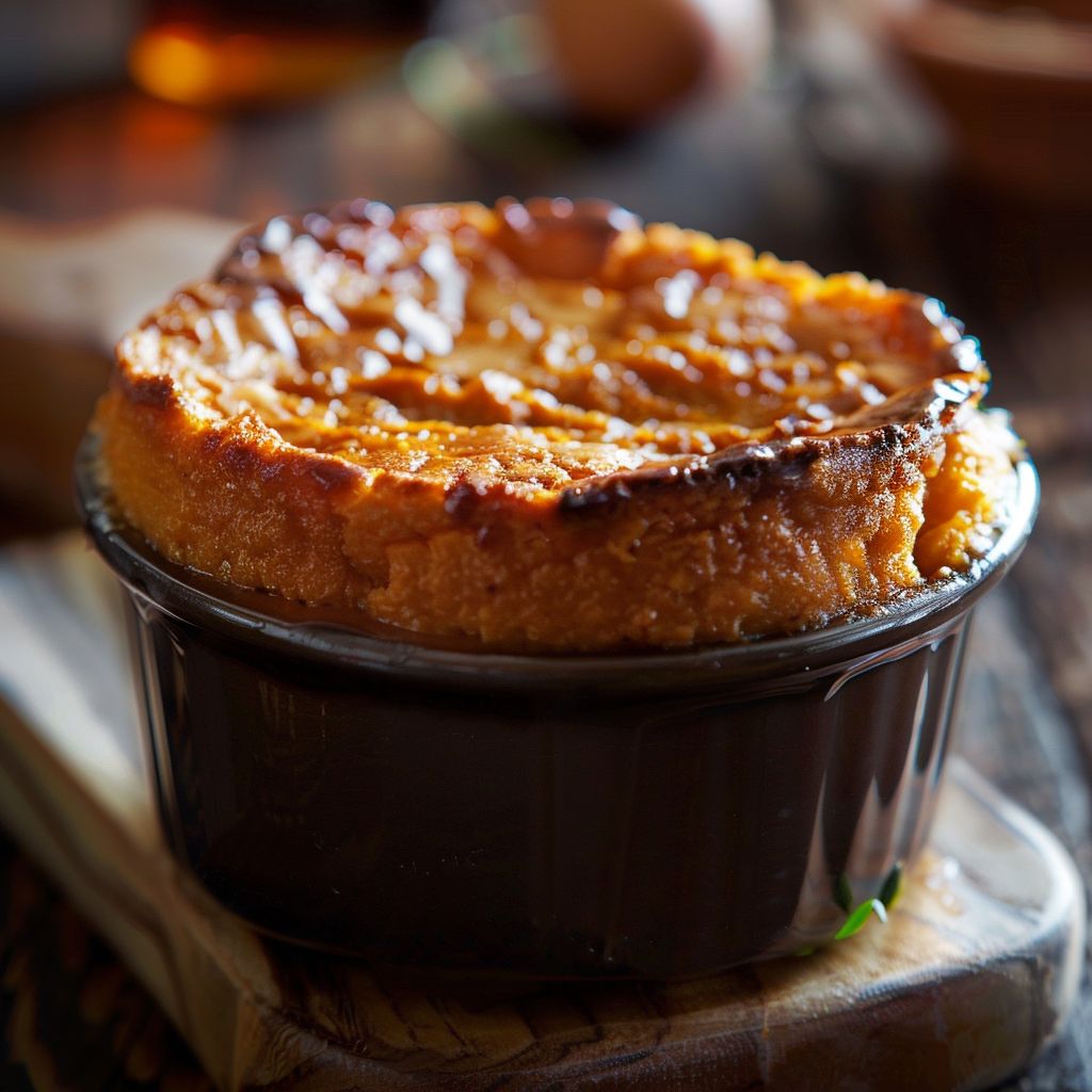Close-up of a fluffy sweet potato soufflé topped with a light golden crust, showcasing its smooth texture.
