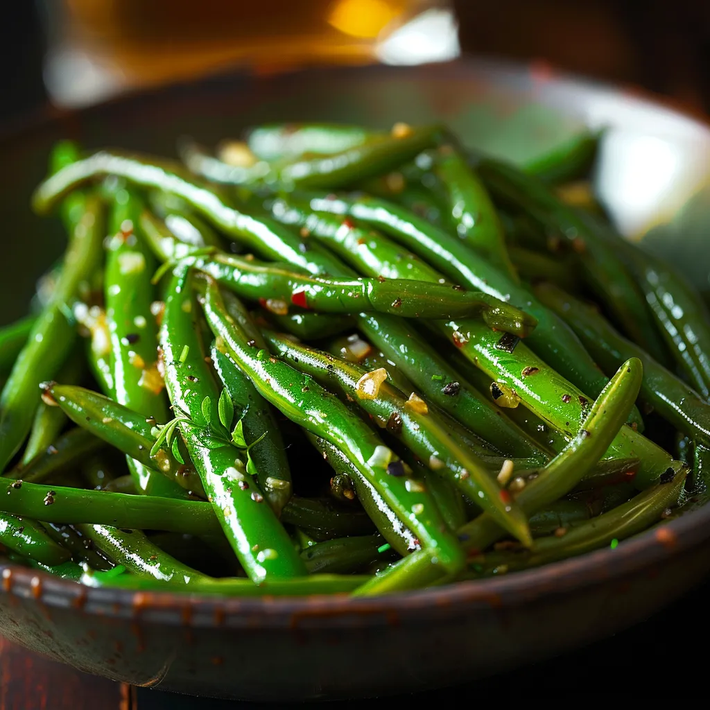 Close-up of Garlic Butter Green Beans arranged on a plate, glistening with garlic and butter.