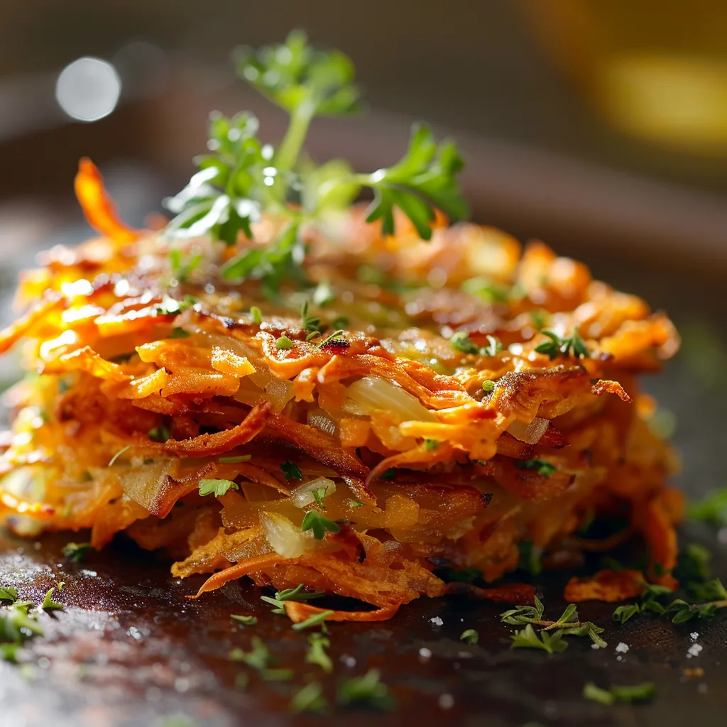 Close-up of golden-brown sweet potato hash browns served on a plate.