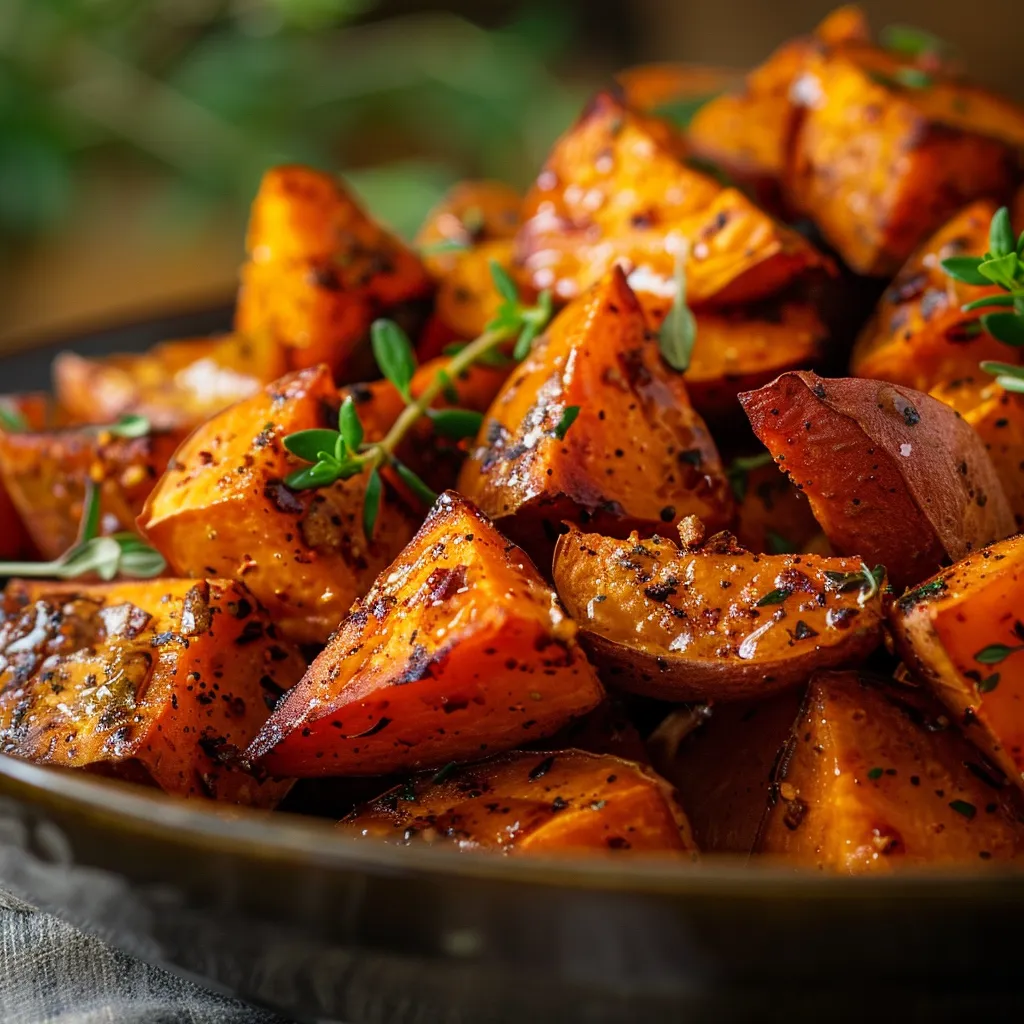 Close-up of golden-brown roasted sweet potato cubes drizzled with olive oil and seasoned.