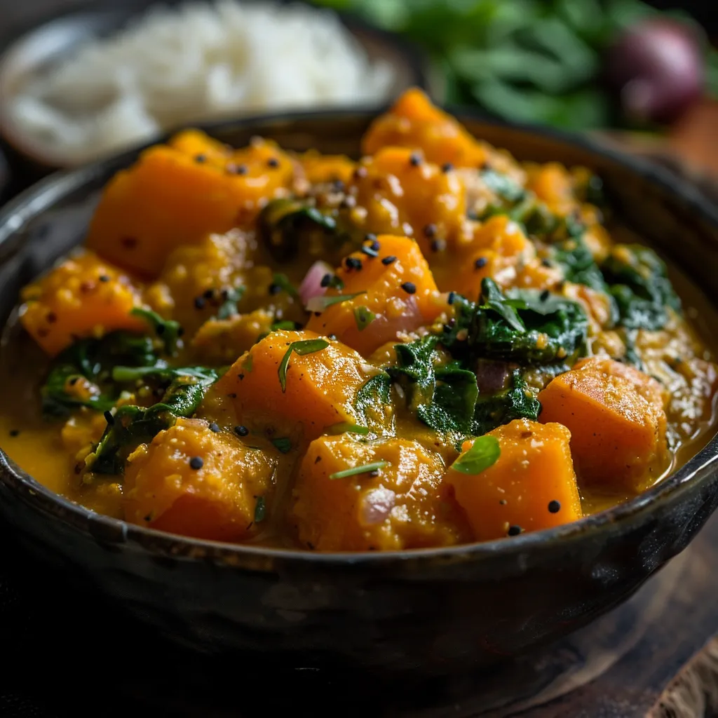 Close-up of a vibrant sweet potato curry in a bowl, with colorful ingredients visible.
