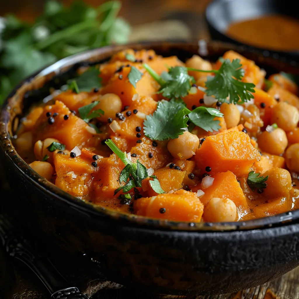 Close-up of a vibrant Sweet Potato and Chickpea Curry in a bowl, garnished with fresh cilantro.