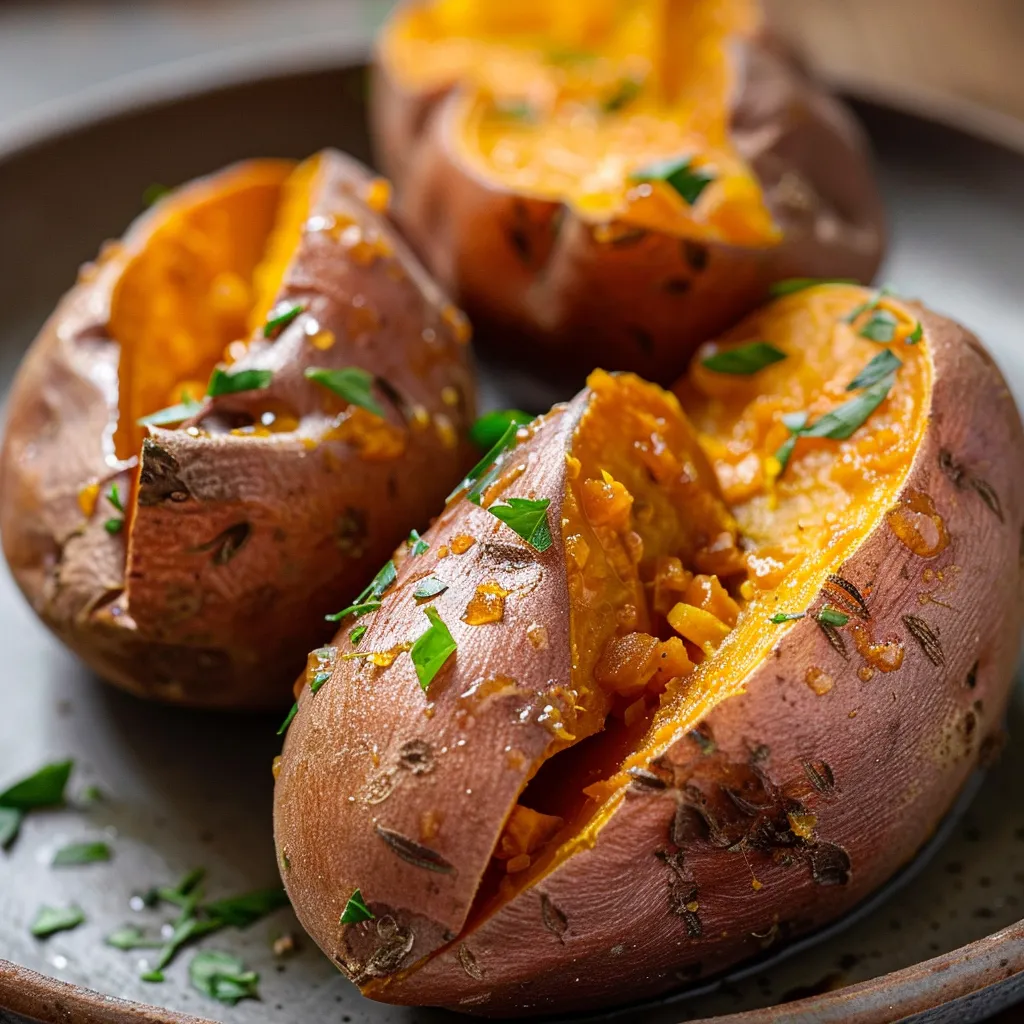 Close-up of baked Japanese sweet potatoes with a golden-brown crust.