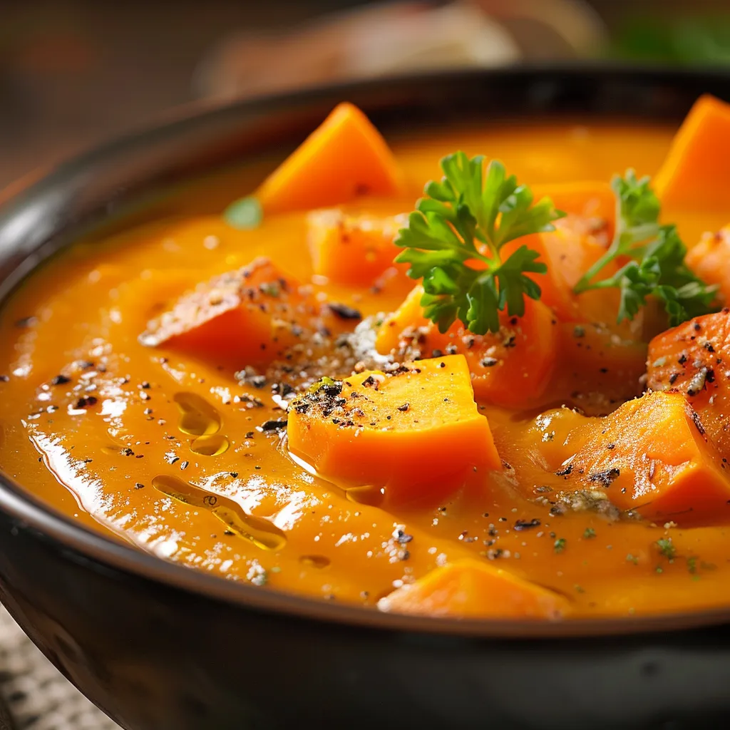 Close-up of creamy sweet potato and carrot soup in a rustic bowl, garnished with parsley.