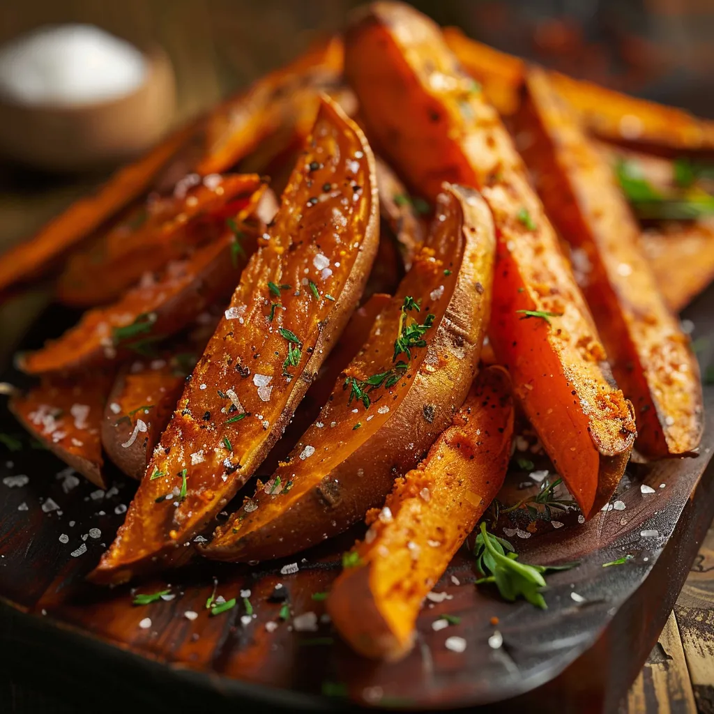 Close-up of crispy sweet potato fries on a plate, illuminated by warm natural light.