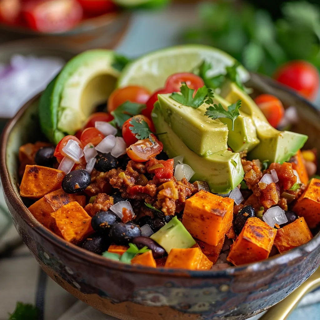 Close-up of a colorful Sweet Potato Taco Bowl topped with diced avocado, cherry tomatoes, and cilantro.