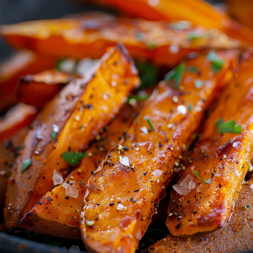 Close-up of golden-brown sweet potato fries on a rustic plate, served with a light dipping sauce.