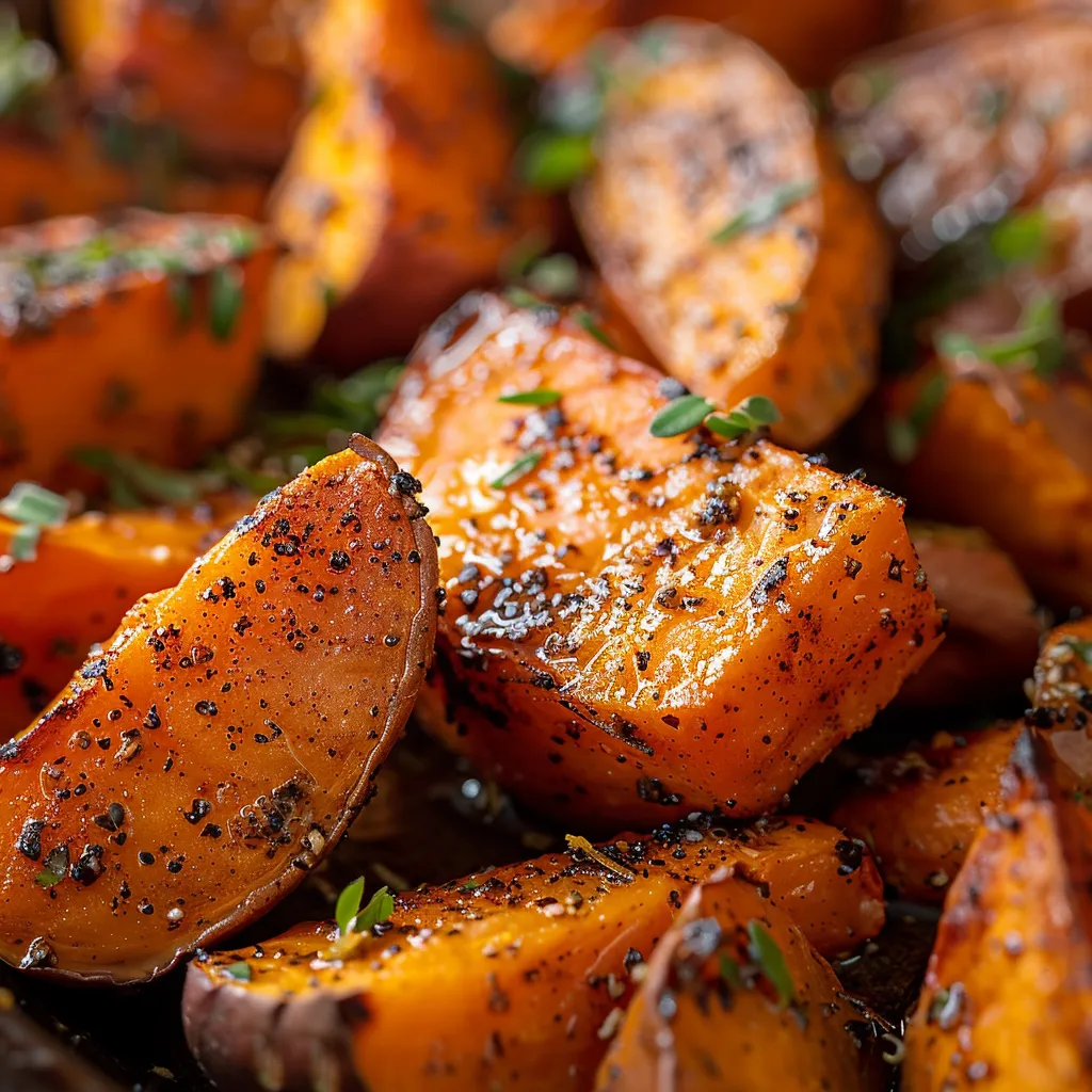 Close-up image of caramelized roasted sweet potatoes on a plate, showcasing their golden-brown color and crisp texture.