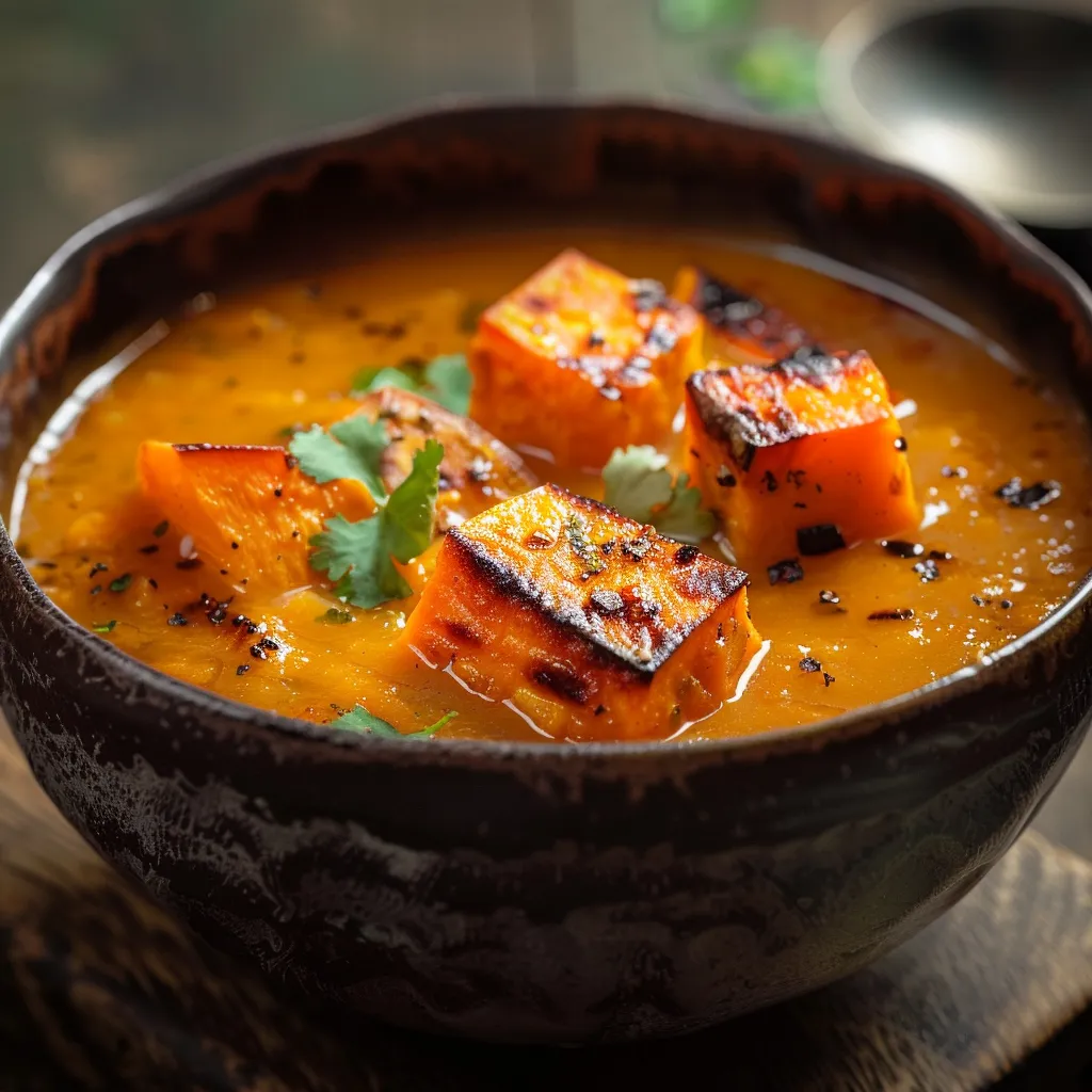 A close-up of creamy roasted sweet potato soup served in a bowl, topped with fresh herbs.