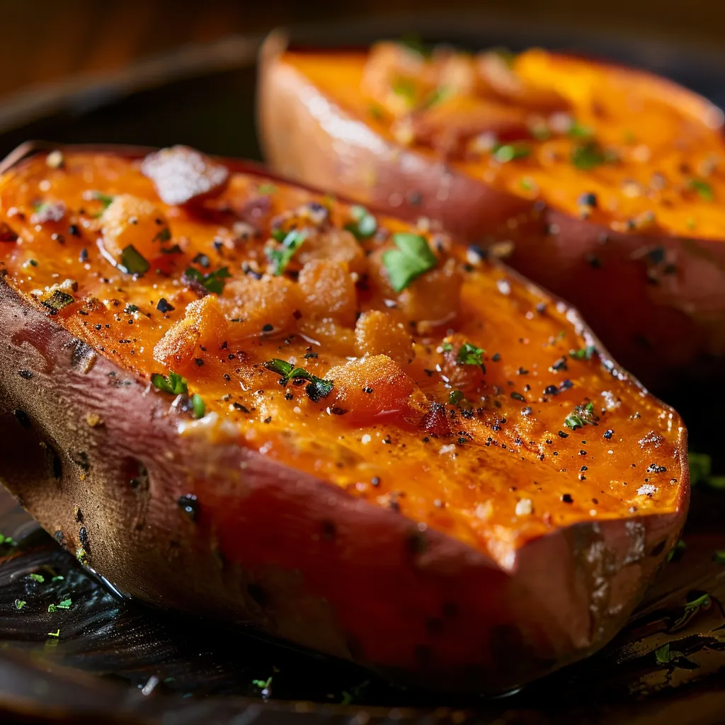 Close-up of a baked sweet potato with a golden-brown skin, glistening with olive oil.