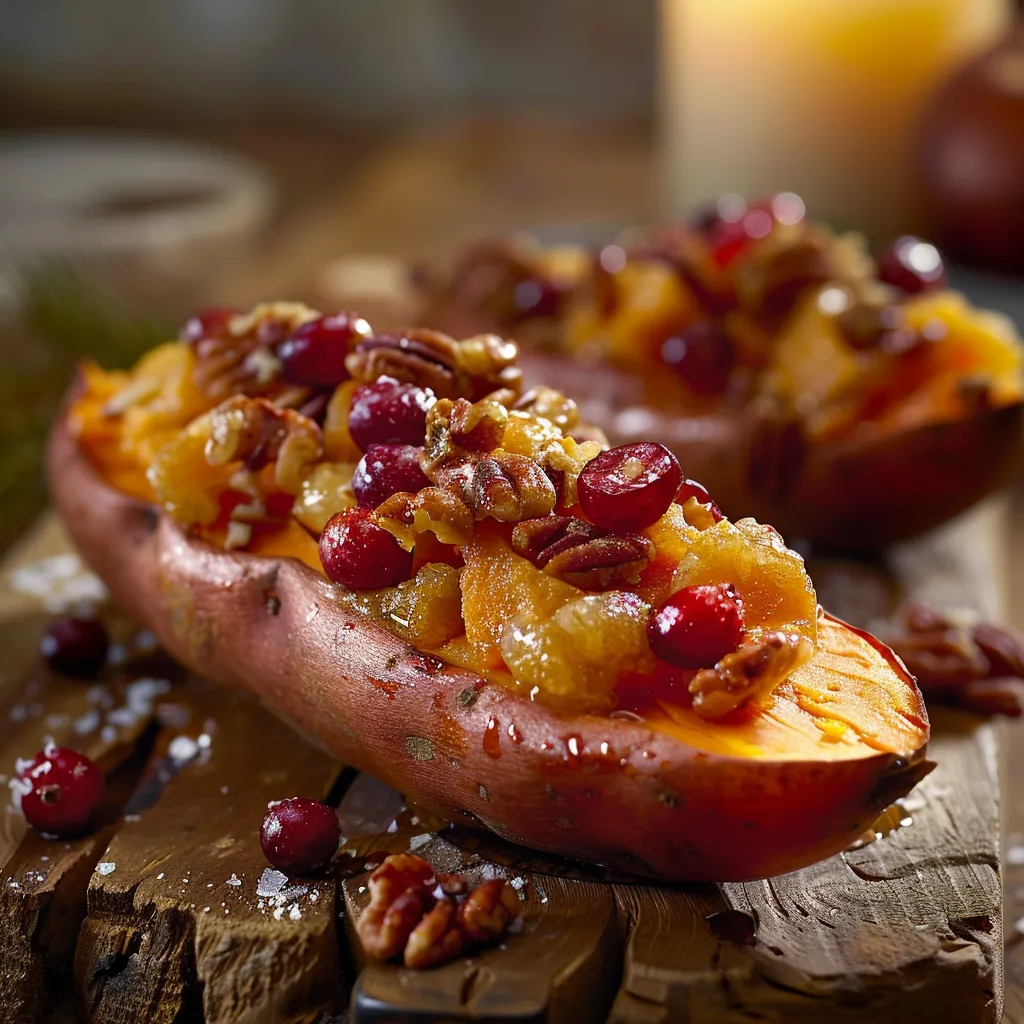 Close-up of twice-baked sweet potatoes topped with cranberries and diced apple, lightly garnished with nuts.