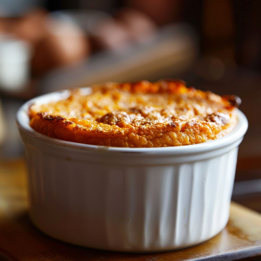 Close-up of a fluffy Sweet Potato Soufflé with a golden top in a white dish.