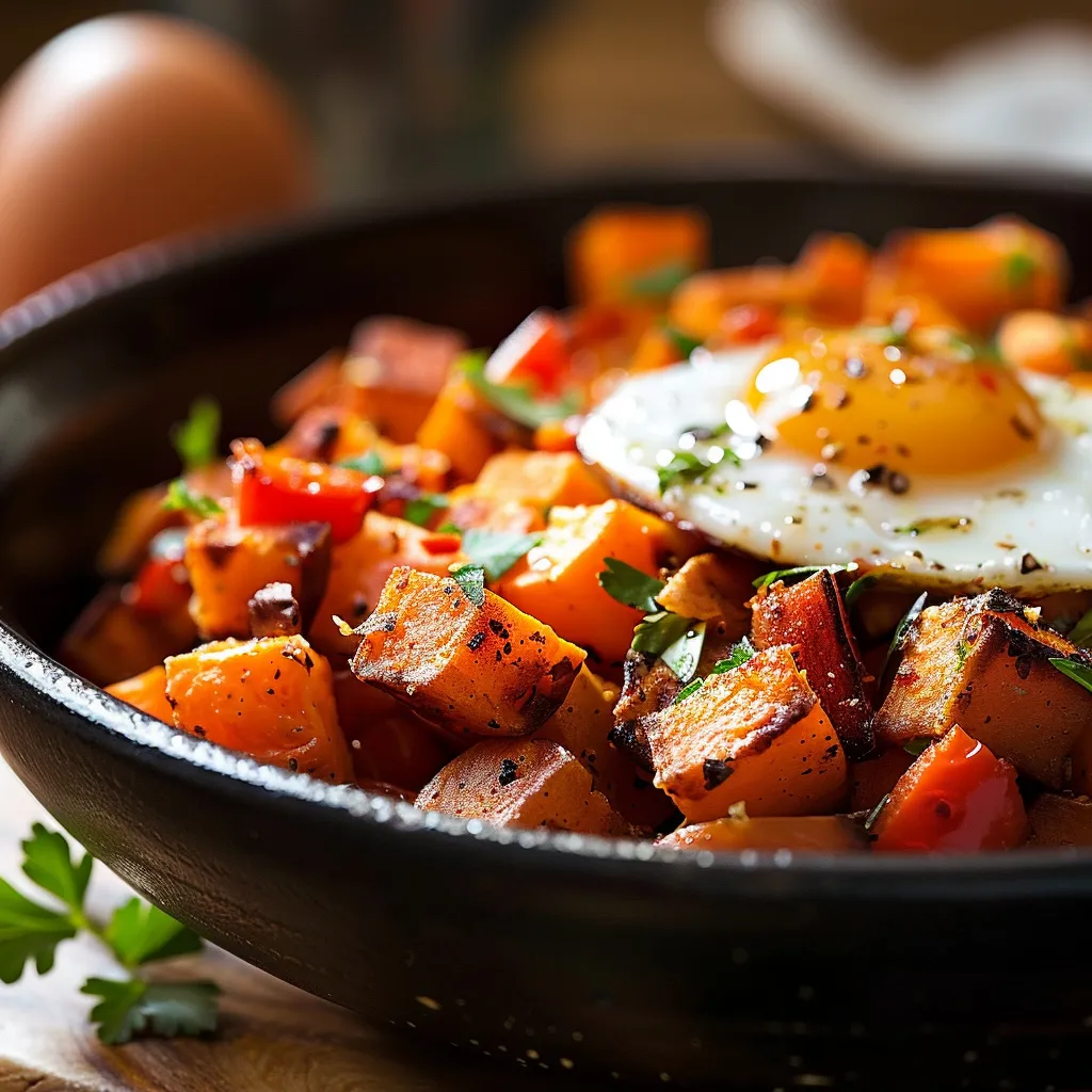Close-up of savory sweet potato hash with diced sweet potatoes, bell pepper, and onion, garnished with parsley.