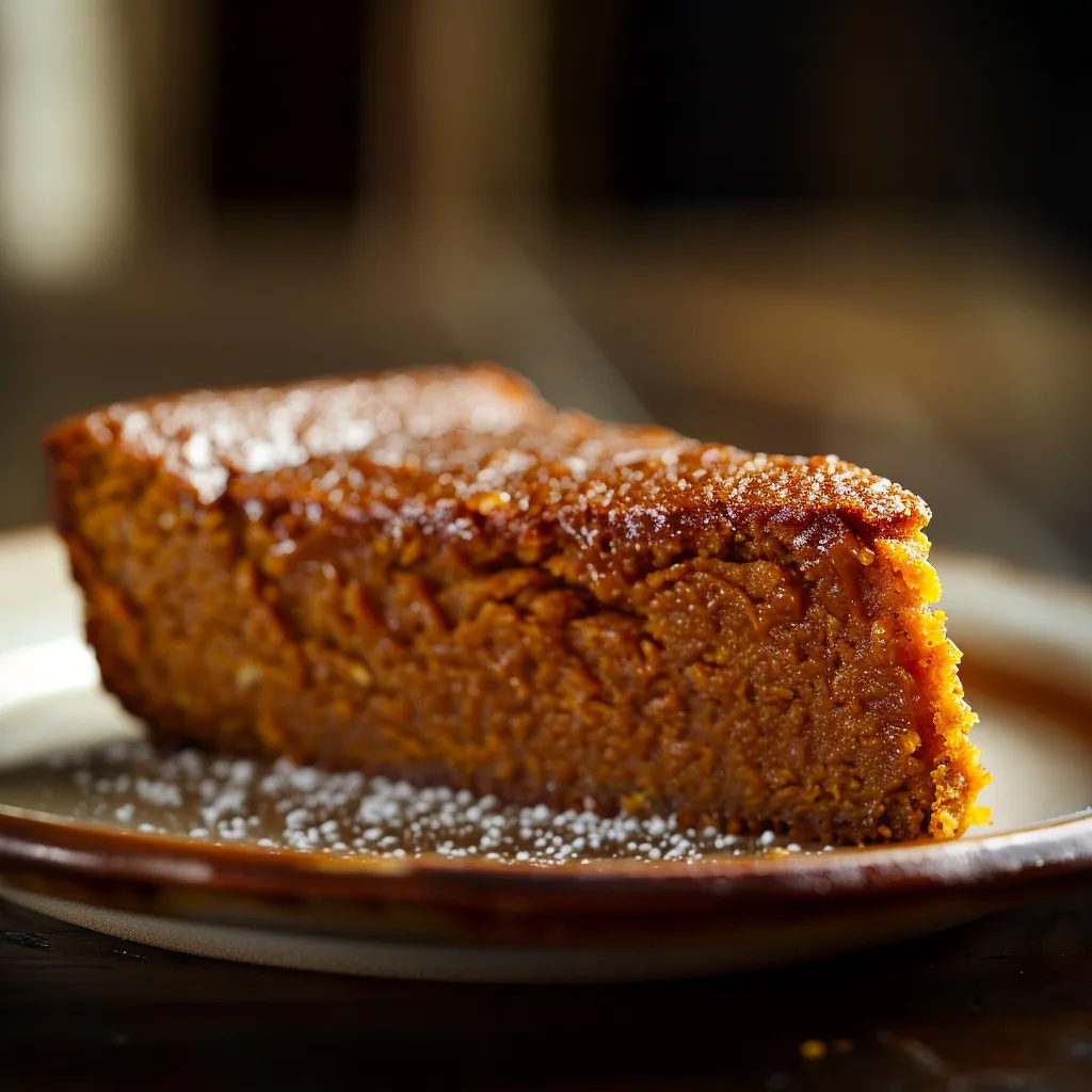 Close-up of a moist Flourless Sweet Potato Ginger Cake drizzled with honey.