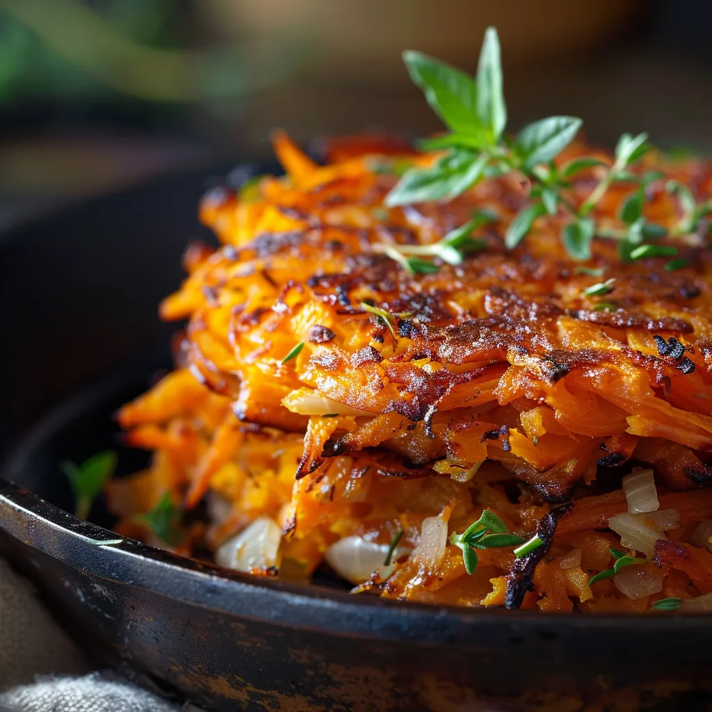Close-up of golden brown sweet potato hash browns, garnished with herbs, on a rustic plate.