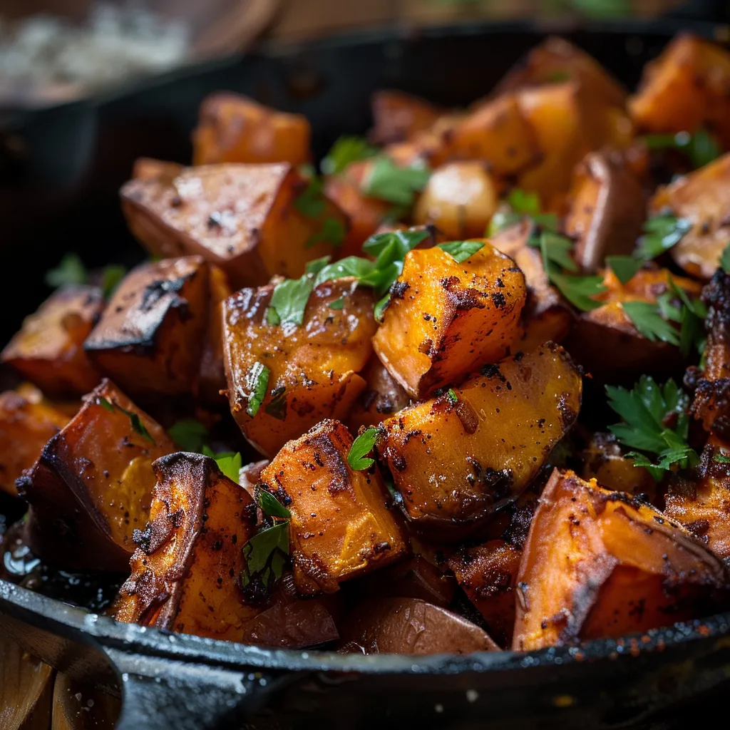 Close-up of pan-roasted sweet potatoes with spices, garnished with parsley.
