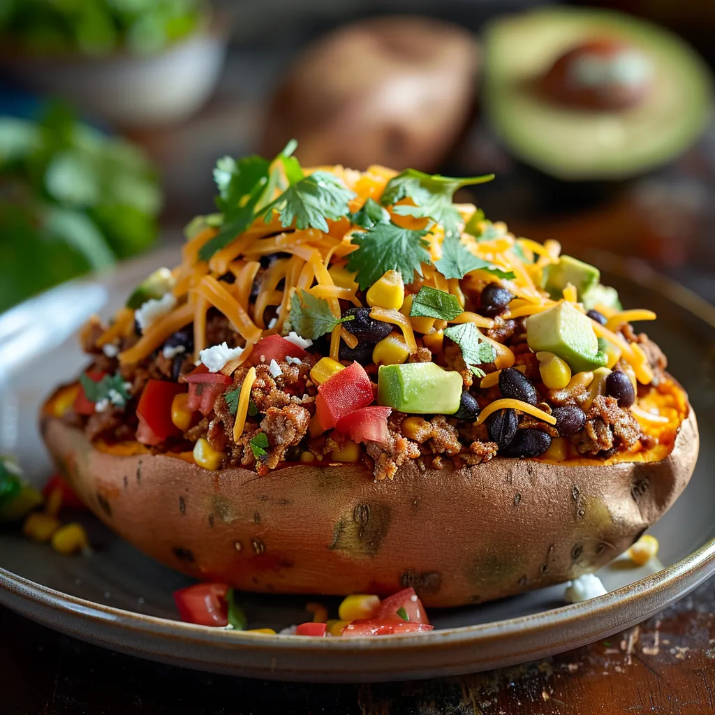 Close-up of a taco stuffed sweet potato topped with cheese, avocado, and sour cream.