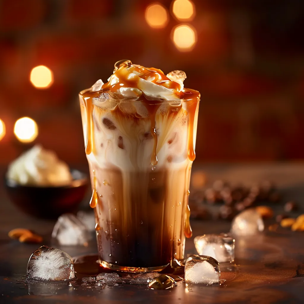 Close-up of a creamy Caramel Almond Milk Iced Coffee topped with whipped cream and caramel drizzle.