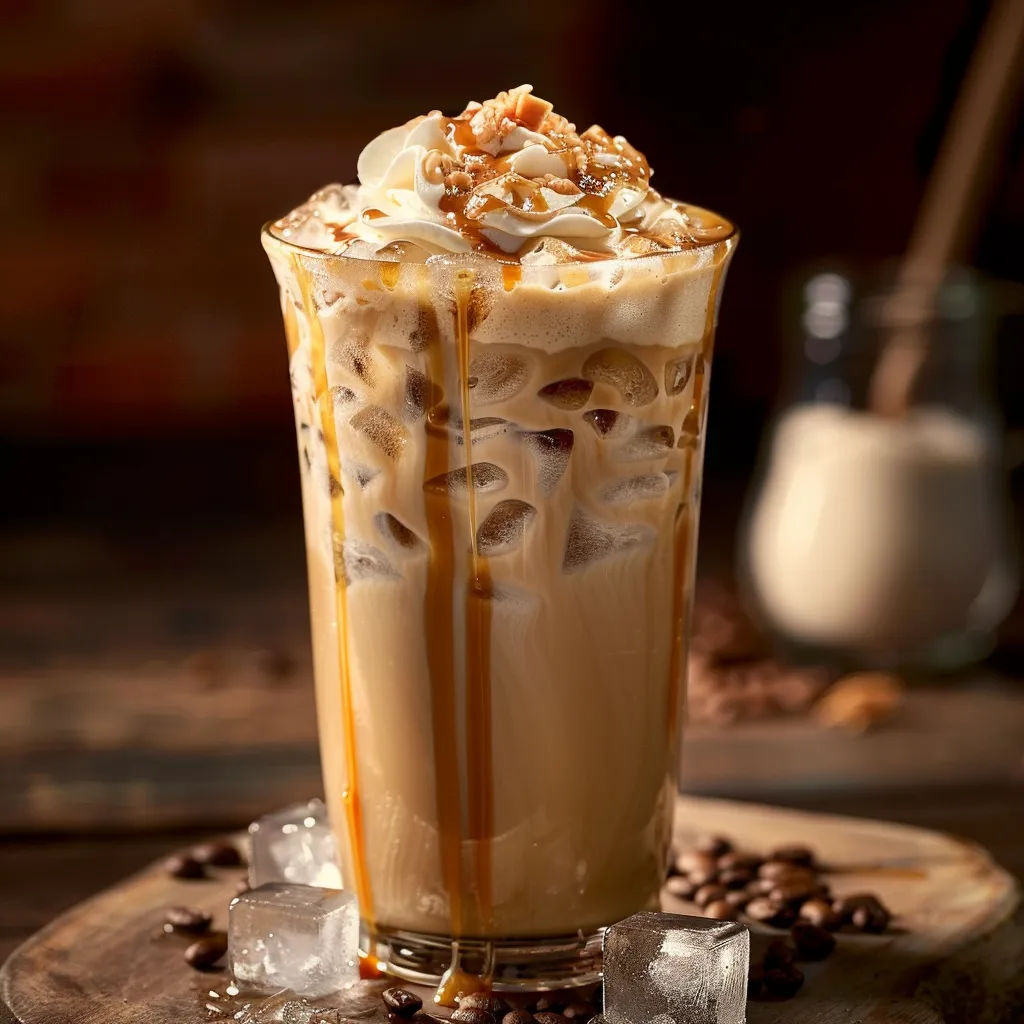 Close-up of a Caramel Almond Milk Iced Coffee with whipped cream and caramel drizzle.