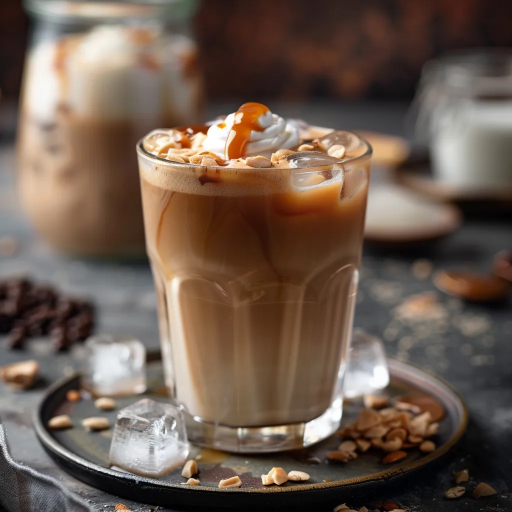 Close-up of a glass filled with iced coffee, caramel swirls, and almond milk.