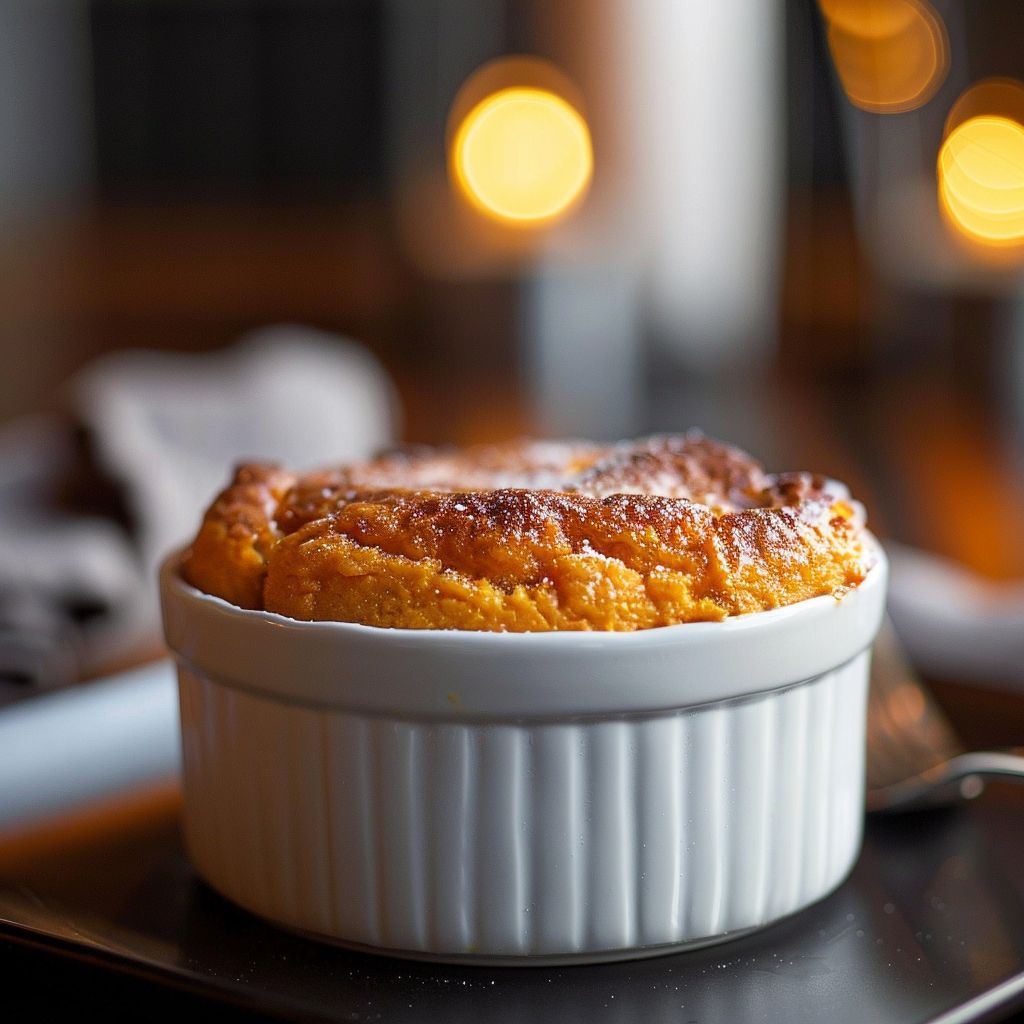 A close-up of a golden-brown Sweet Potato Soufflé with a fluffy texture.