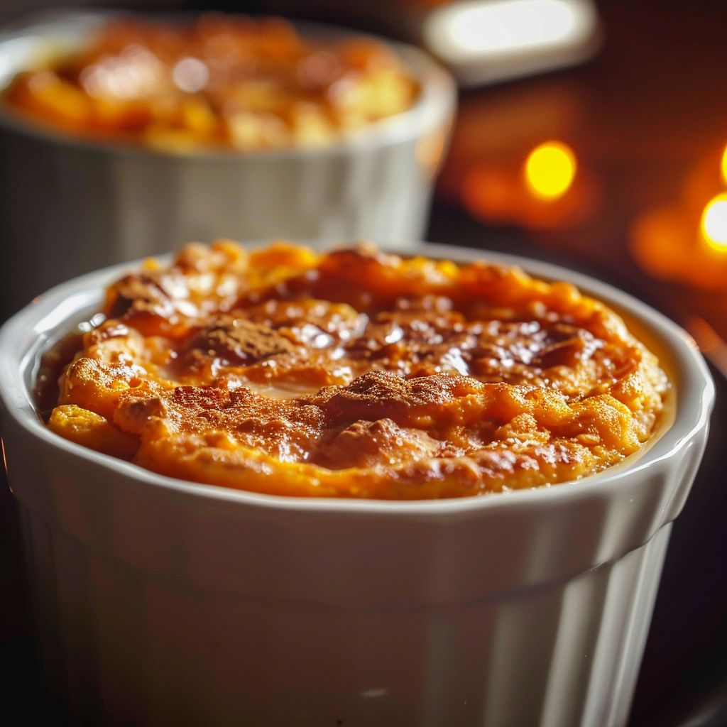 Close-up of a creamy Sweet Potato Souffle topped with a sprinkle of cinnamon.