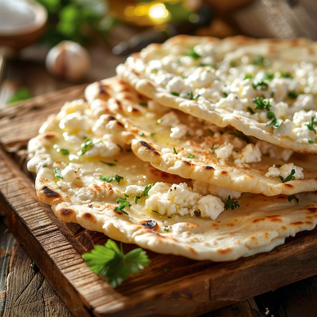 Close-up of golden-brown cottage cheese flatbreads on a rustic plate, showcasing their fluffy texture.