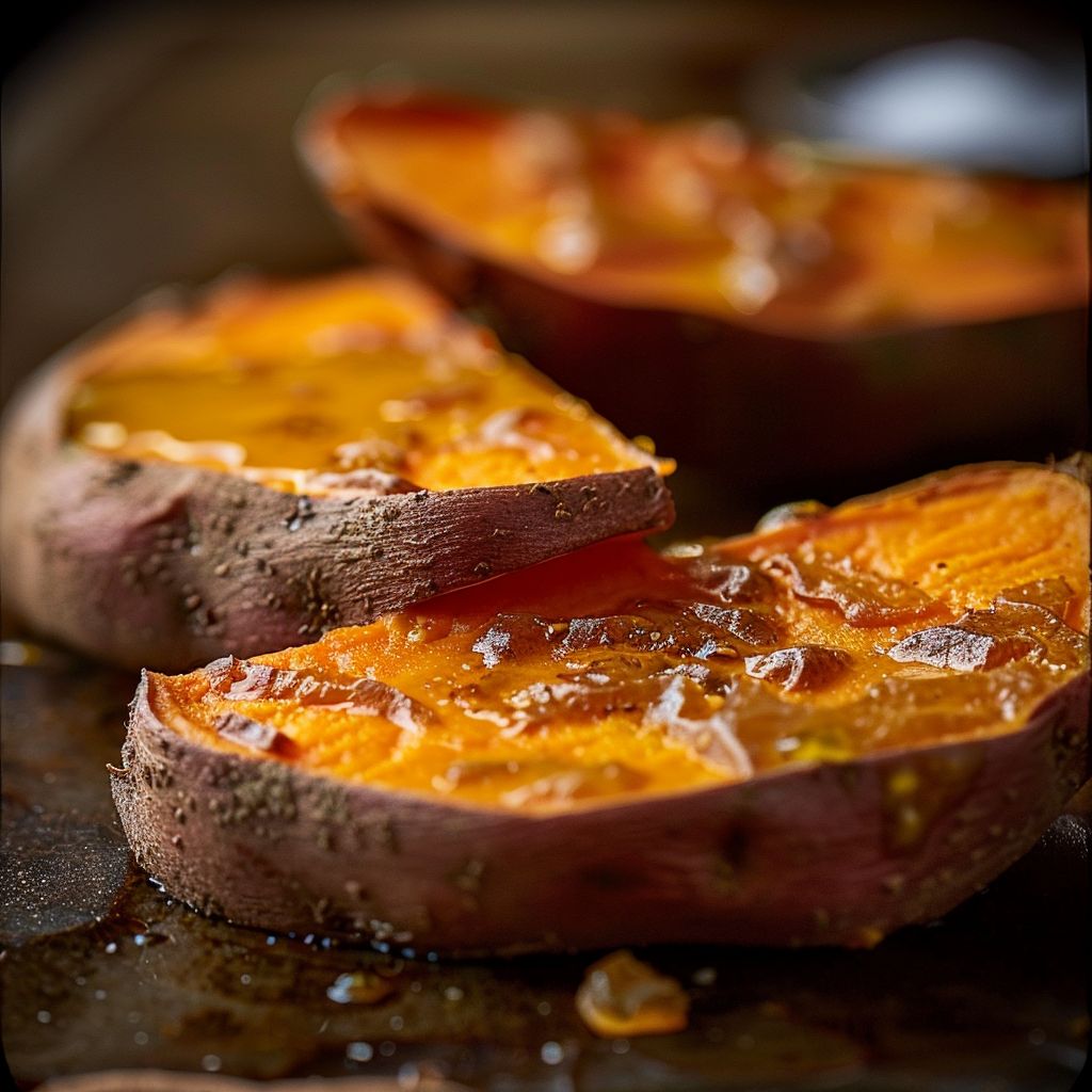 Close-up of baked Japanese sweet potatoes on a plate with a golden-brown exterior.