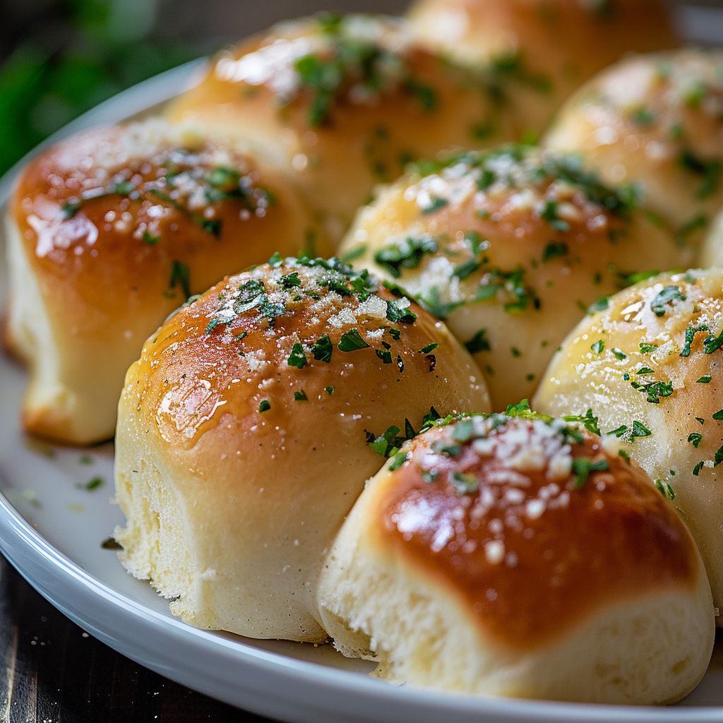 Close-up shot of garlic butter dinner rolls with a golden crust, placed on a rustic background.