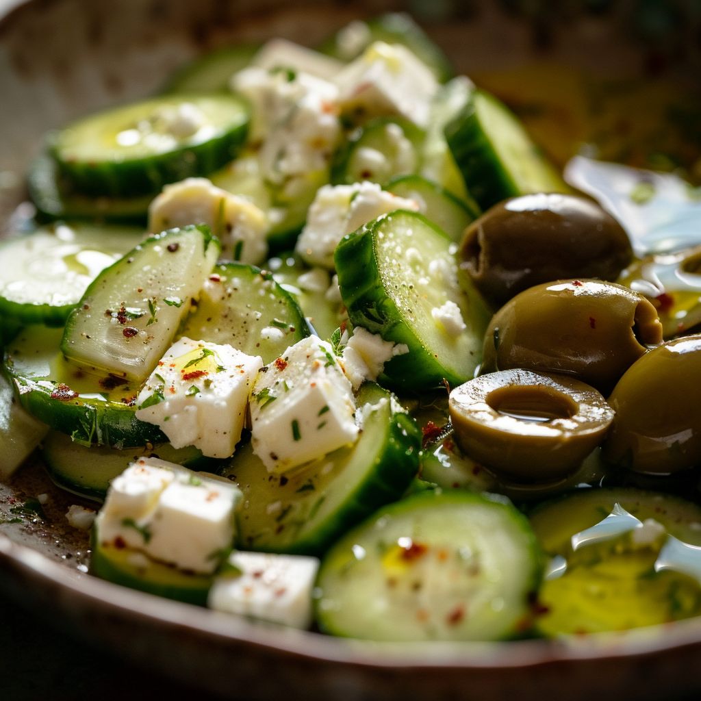 Close-up of a vibrant Keto Greek Salad featuring cucumbers, olives, and feta cheese, with soft natural light highlighting its textures.