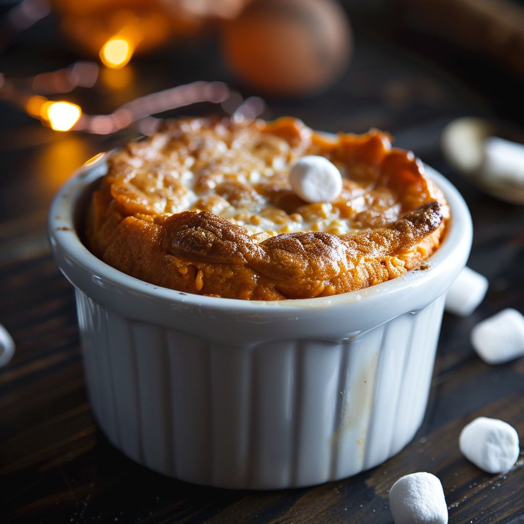 Close-up of a golden-brown sweet potato souffle in a baking dish, topped with mini marshmallows.