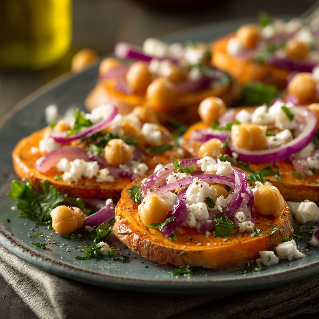A close-up of a loaded roasted sweet potato topped with chickpeas, hummus, and herbs.