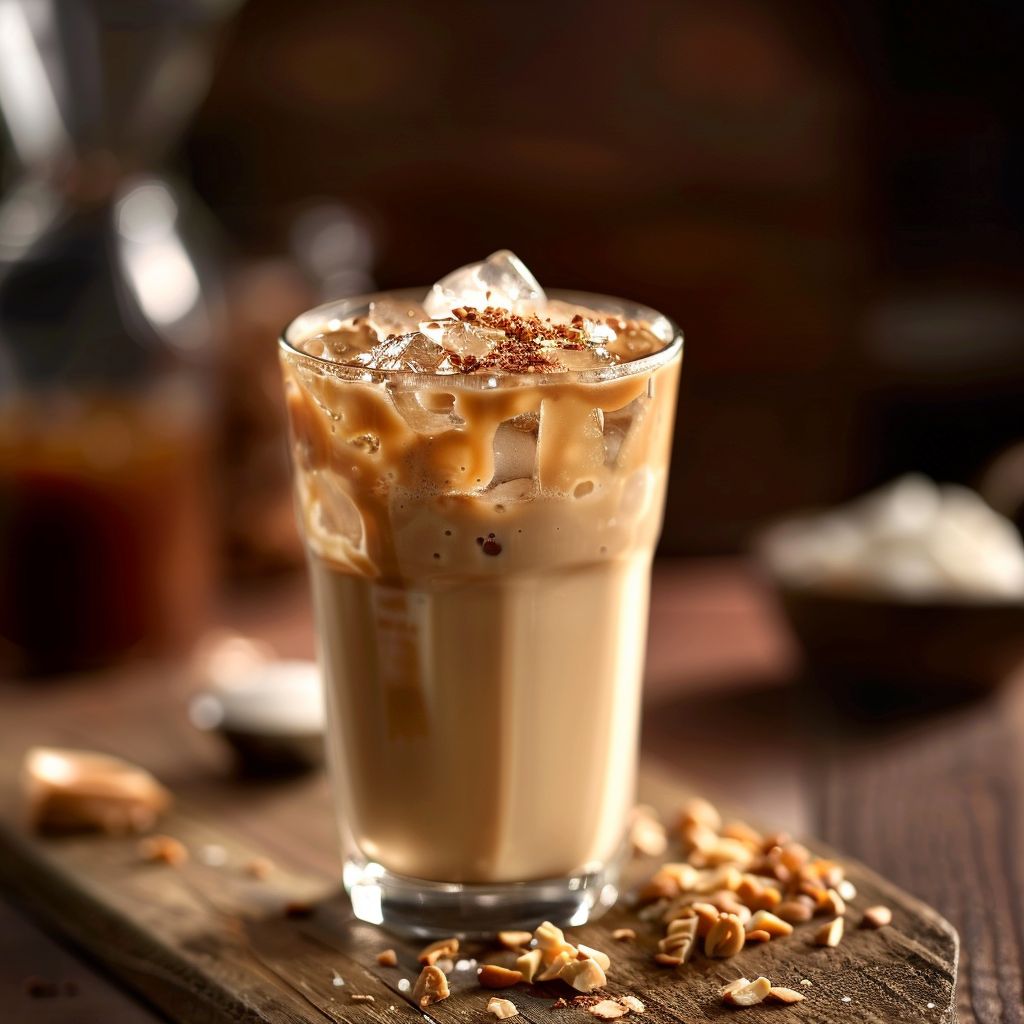 Close-up of a caramel almond milk iced coffee in a glass, topped with whipped cream and caramel drizzle.