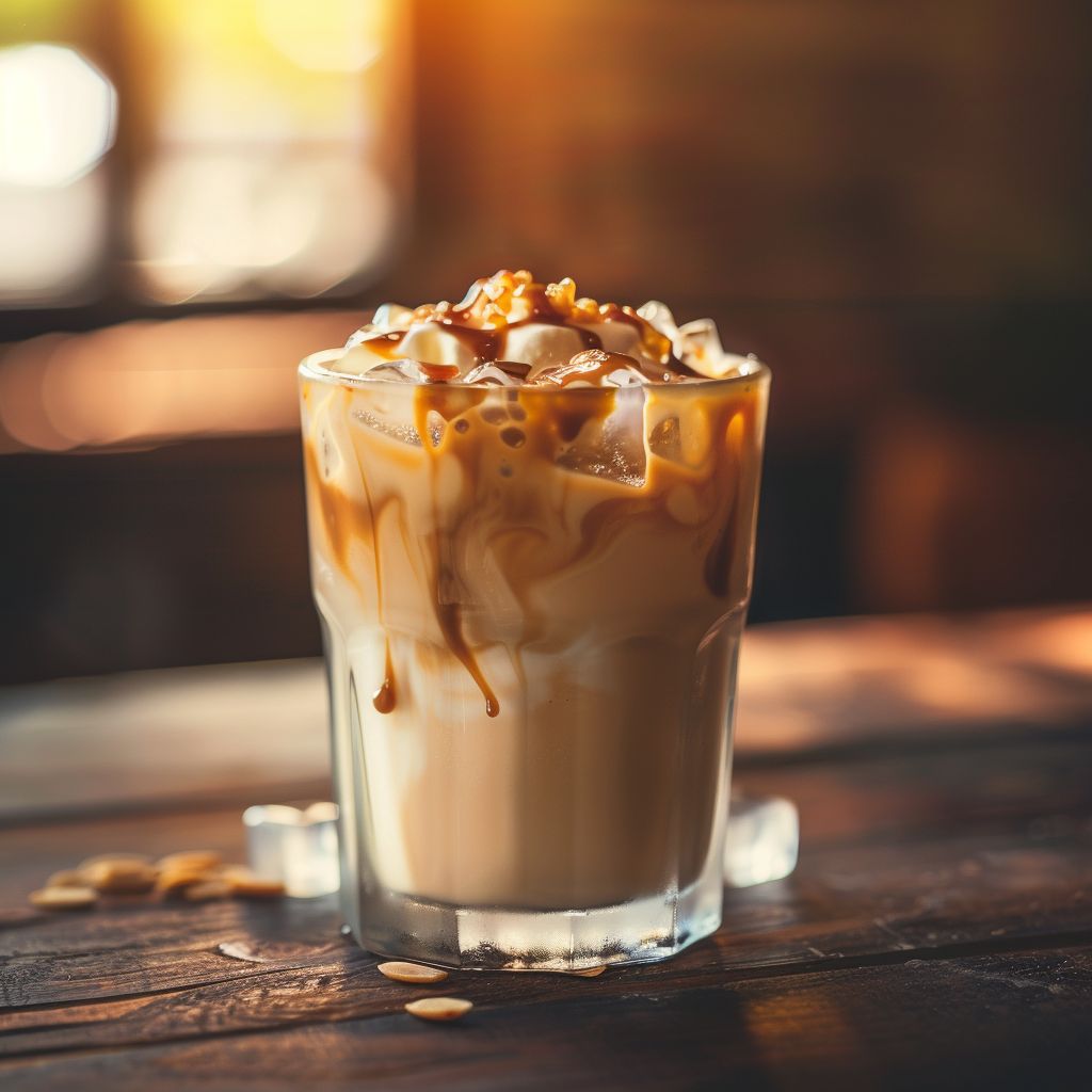 Close-up of a refreshing Caramel Almond Milk Iced Coffee with whipped cream and caramel drizzle.