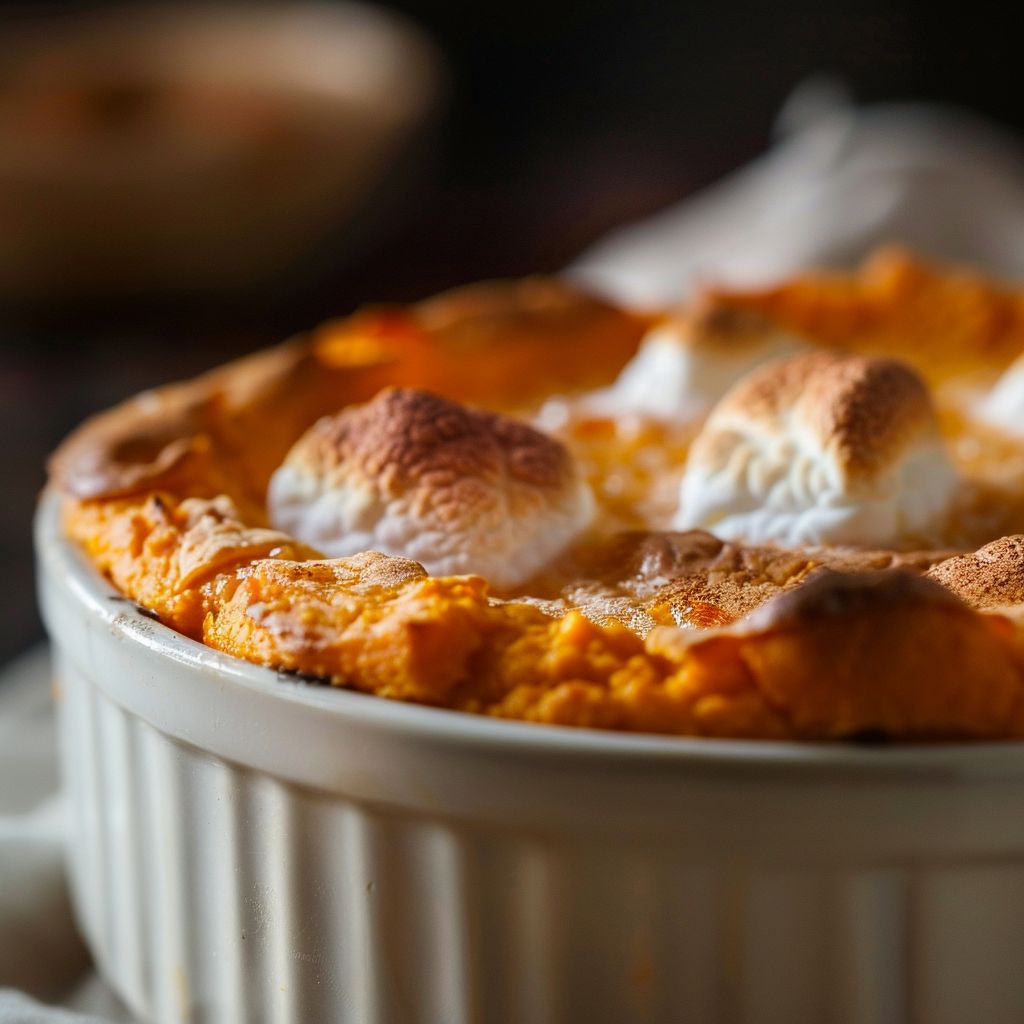 Close-up of a creamy sweet potato souffle topped with mini marshmallows, illuminated by natural light.