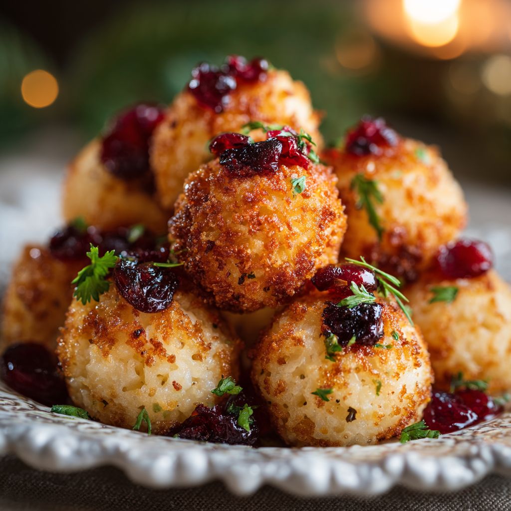 Close-up of golden brown Thanksgiving stuffing balls with visible herbs and cranberries against a soft, blurred background.