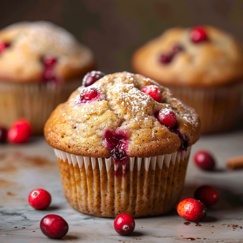 Close-up of a freshly baked cranberry muffin, showcasing a golden top and vibrant cranberries.