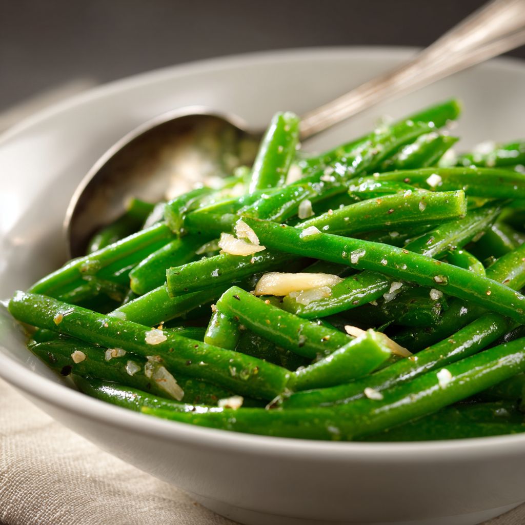 Close-up of honey garlic green beans drizzled with sauce.