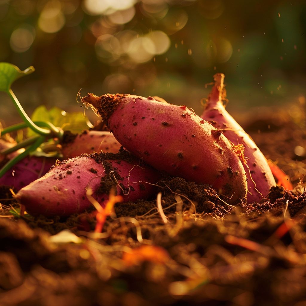 Close-up of vibrant sweet potato slips in rich, well-draining soil with a blurred garden background.
