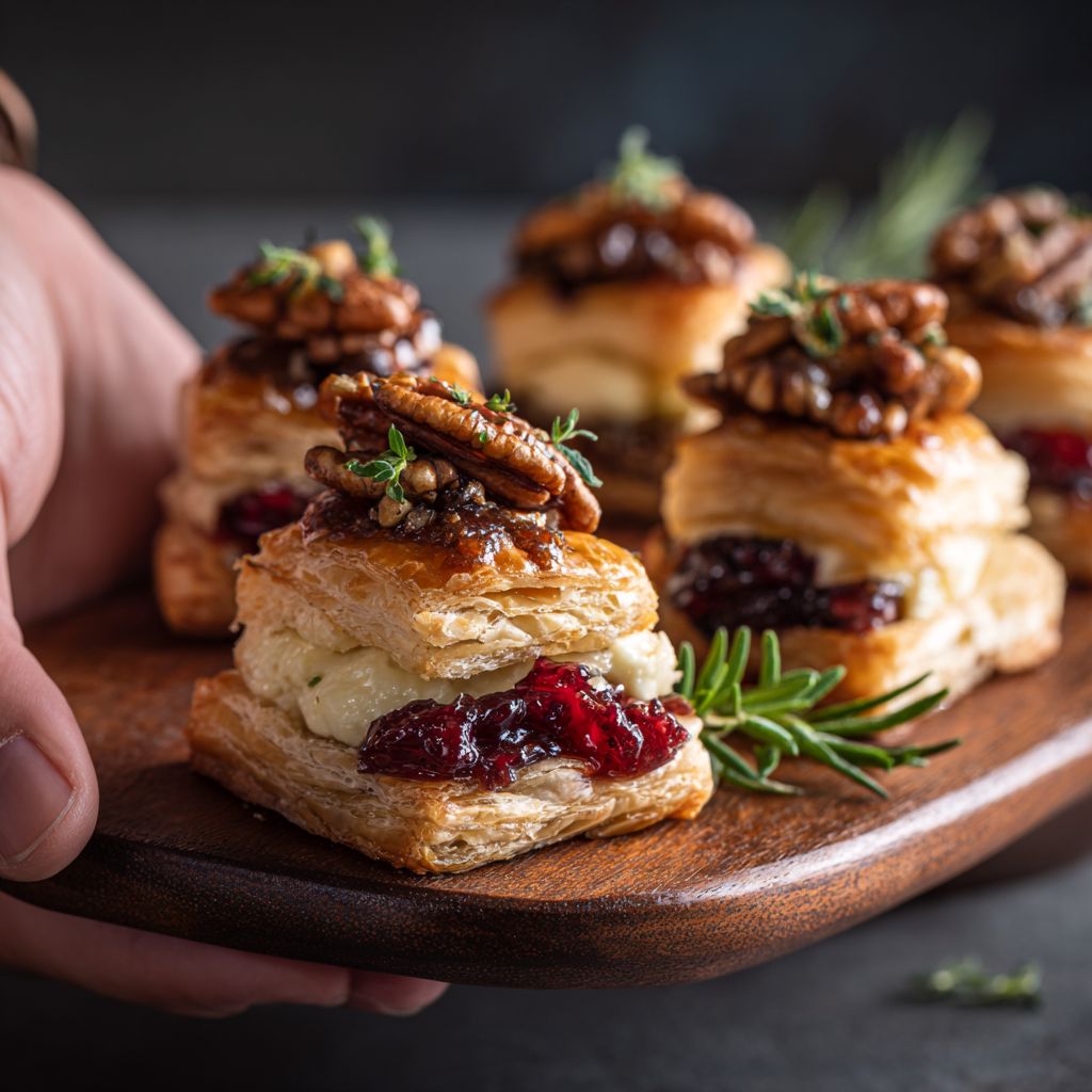 Close-up of baked cranberry brie bites on a rustic wooden table, garnished with fresh rosemary.
