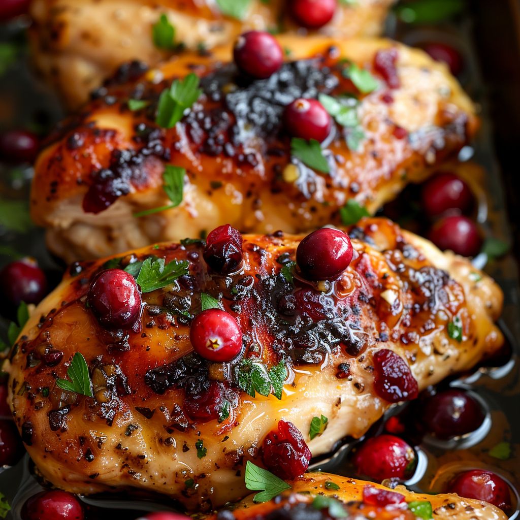 Close-up of cooked orange cranberry chicken with fresh cranberries and parsley garnish.