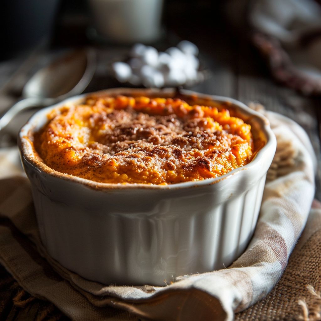 Close-up of a creamy Sweet Potato Souffle topped with mini marshmallows.