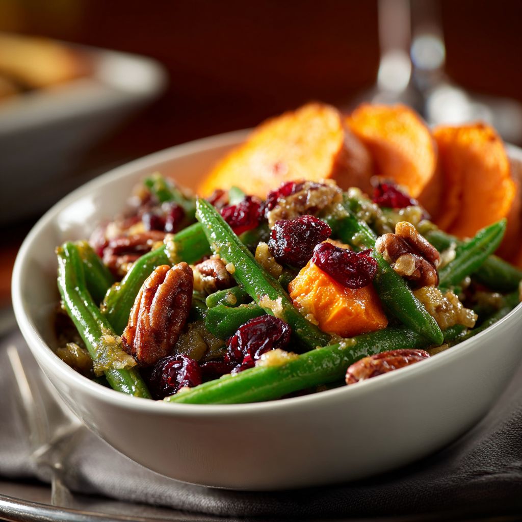 A close-up view of a colorful dish featuring green beans, butternut squash cubes, chopped pecans, and dried cranberries.