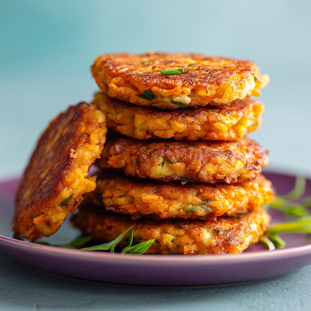 Close-up shot of golden-brown sweet potato hash browns topped with fresh parsley.