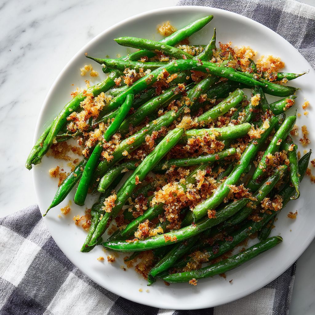 Close-up of roasted green beans sprinkled with parmesan cheese and garlic.