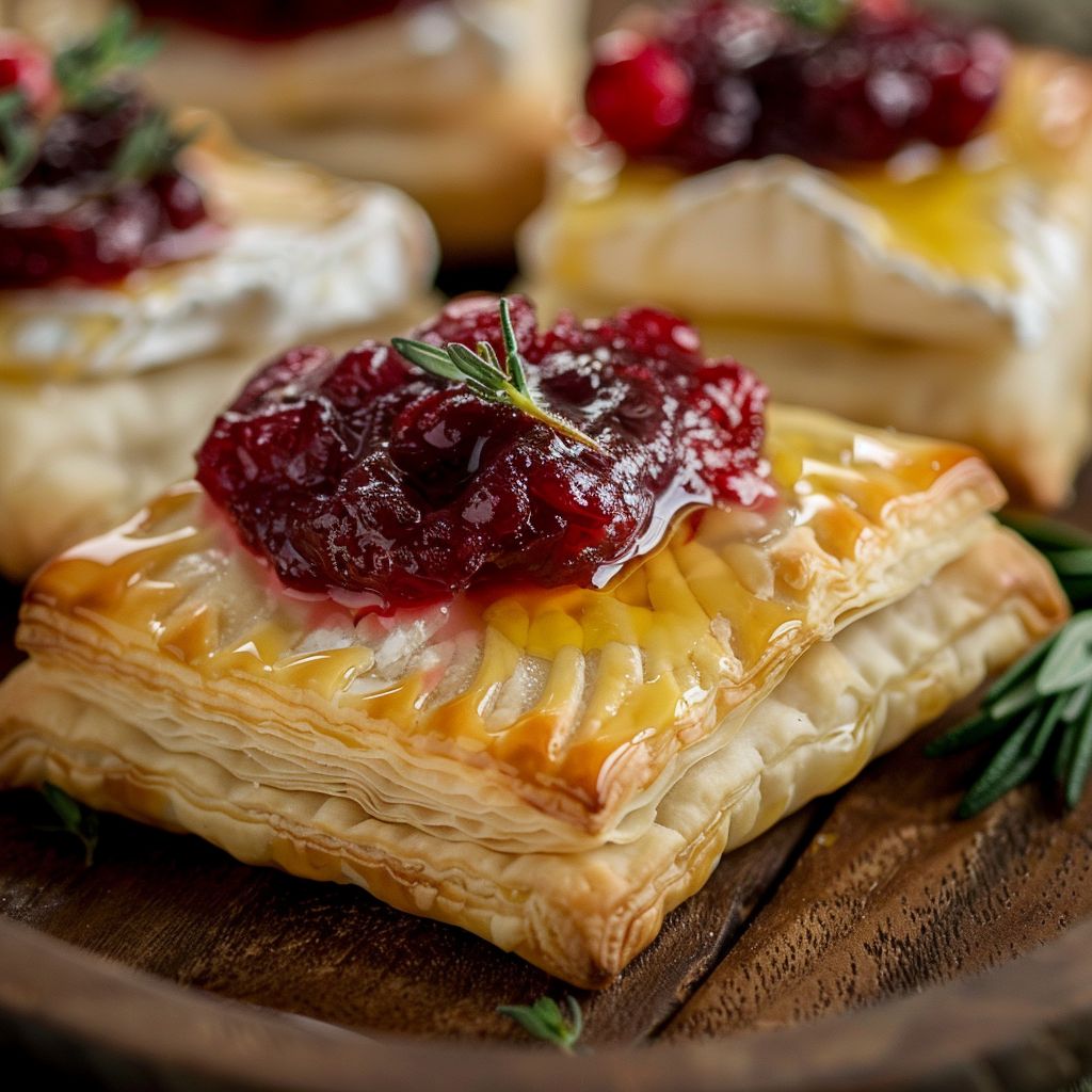 Close-up of Cranberry Brie Bites on a rustic wooden table, showcasing flaky pastry and vibrant cranberry sauce.