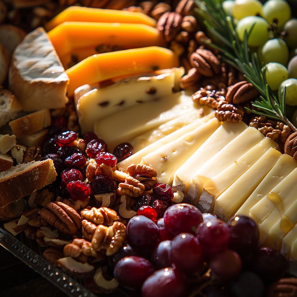 A close-up of a Thanksgiving cheese platter featuring brie, cheddar, gouda, nuts, cranberries, grapes, and sliced baguette.